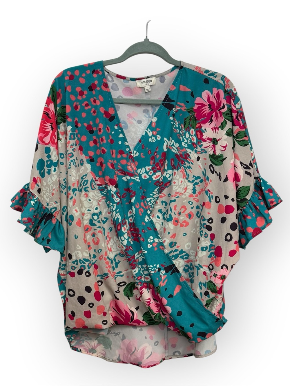 Umgee Teal Floral Surplice Blouse with Pink Accents